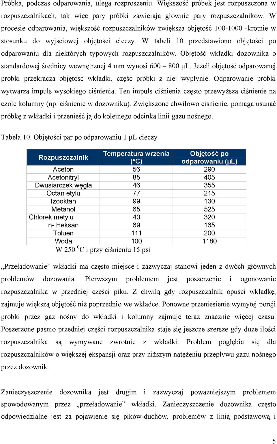 W tabeli 10 przedstawiono objętości po odparowaniu dla niektórych typowych rozpuszczalników. Objętość wkładki dozownika o standardowej średnicy wewnętrznej 4 mm wynosi 600 800 µl.