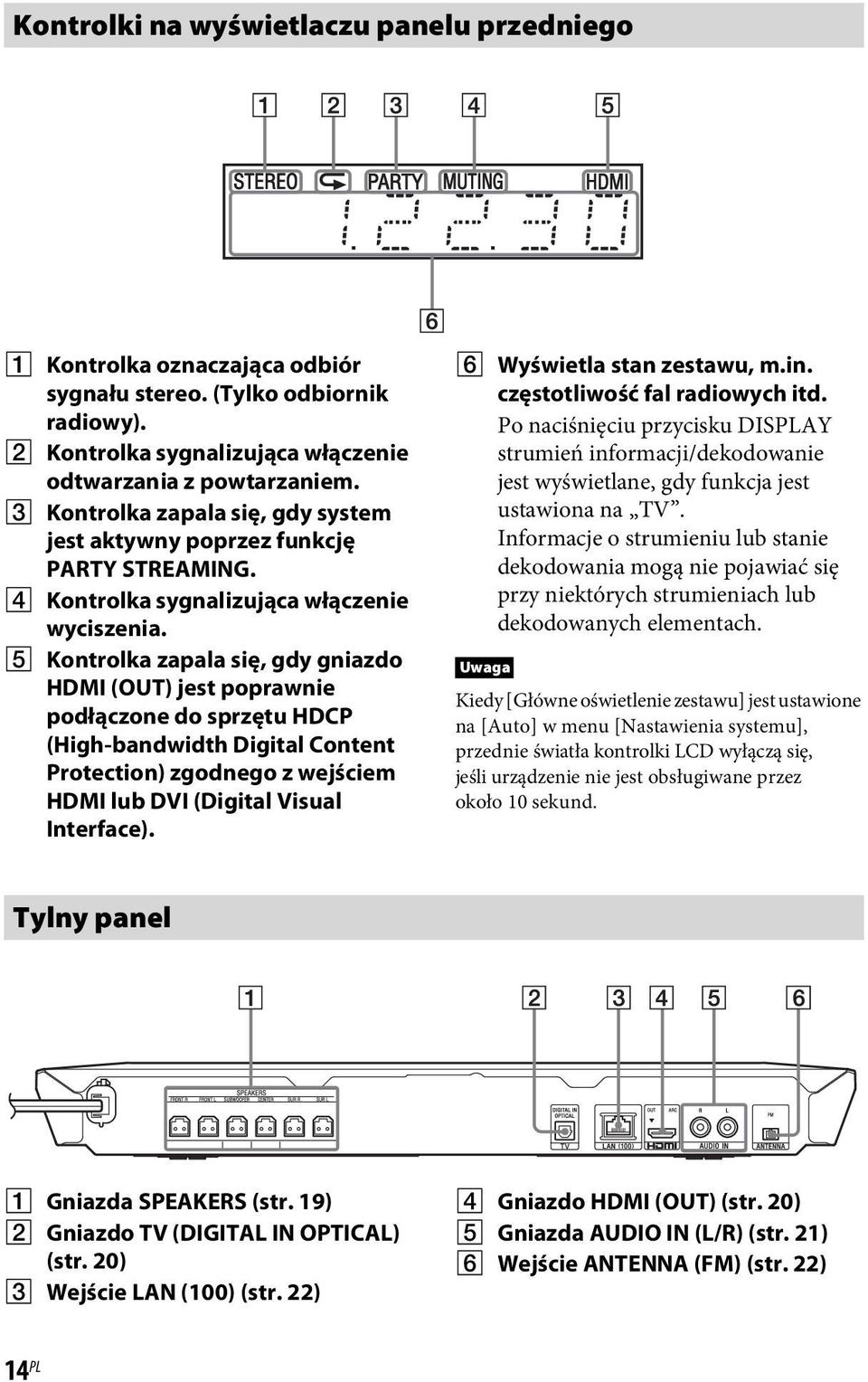 E Kontrolka zapala się, gdy gniazdo HDMI (OUT) jest poprawnie podłączone do sprzętu HDCP (High-bandwidth Digital Content Protection) zgodnego z wejściem HDMI lub DVI (Digital Visual Interface).