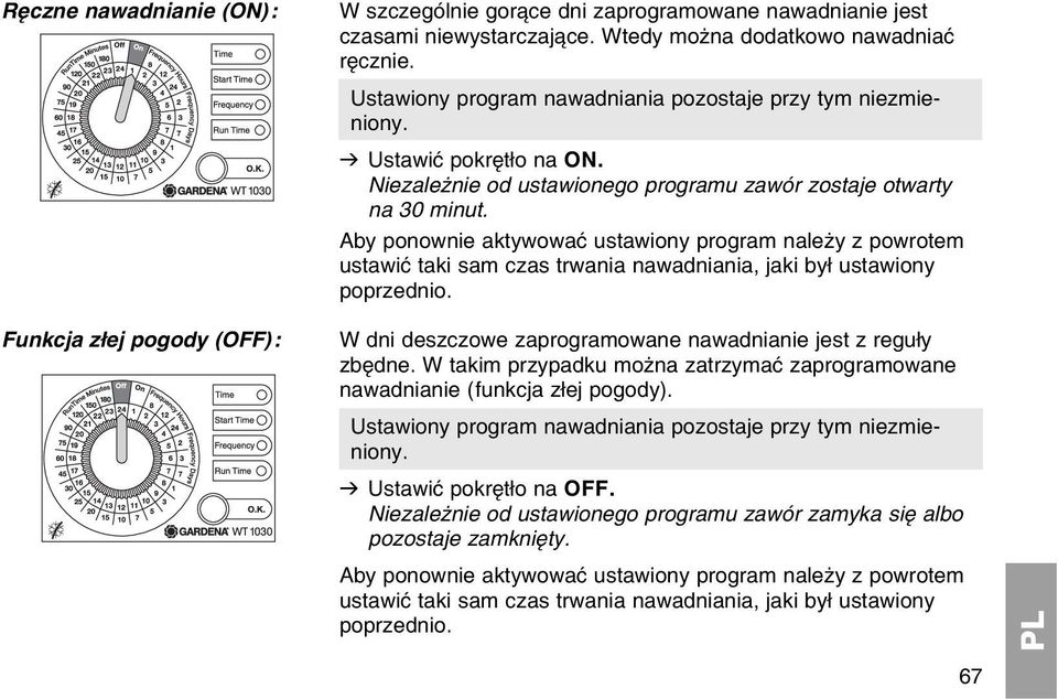 Aby ponownie aktywowaж ustawiony program naleїy z powrotem ustawiж taki sam czas trwania nawadniania, jaki byі ustawiony poprzednio. W dni deszczowe zaprogramowane nawadnianie jest z reguіy zbкdne.