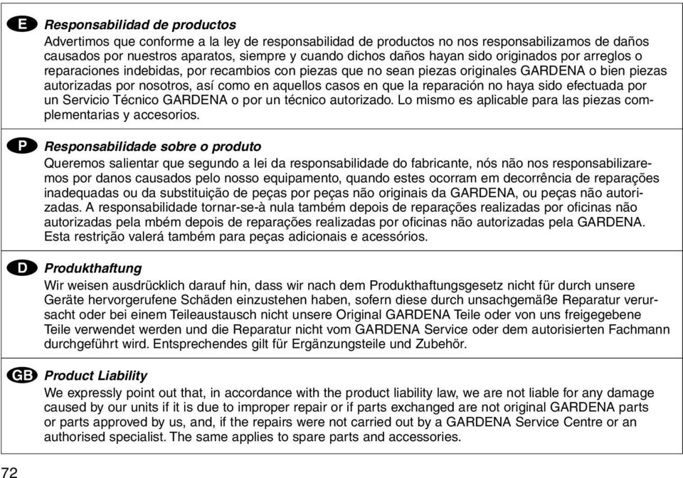 reparación no haya sido efectuada por un Servicio Técnico GARDENA o por un técnico autorizado. Lo mismo es aplicable para las piezas complementarias y accesorios.