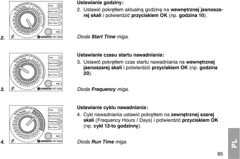 Ustawiж pokrкtіem czas startu nawadniania na wewnкtrznej jasnoszarej skali i potwierdziж przyciskiem OK (np. godzina 20). 3.