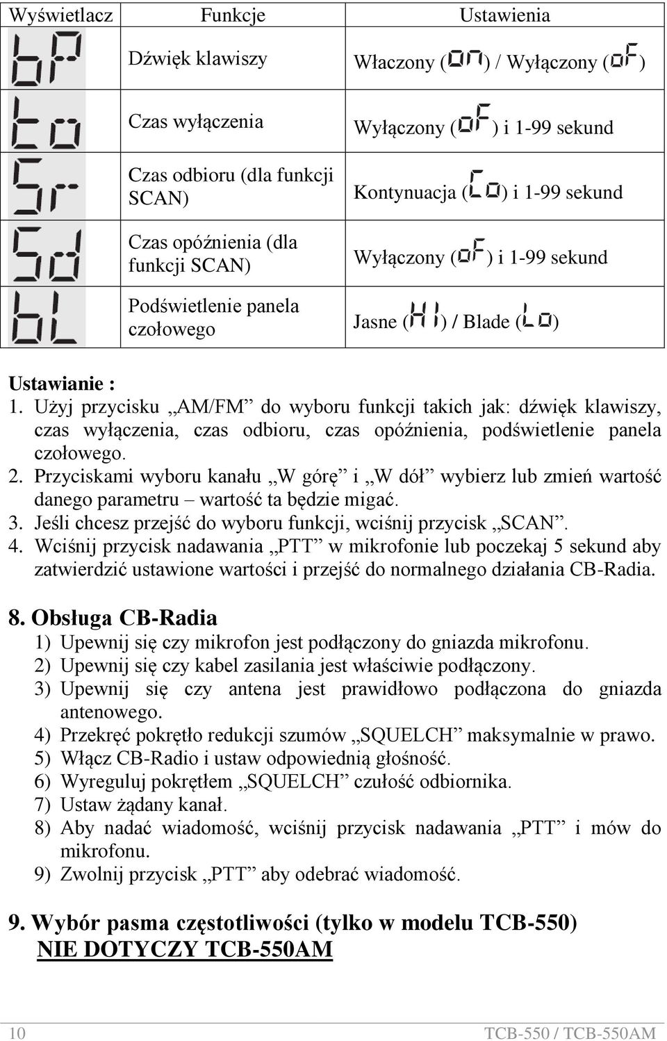 Użyj przycisku AM/FM do wyboru funkcji takich jak: dźwięk klawiszy, czas wyłączenia, czas odbioru, czas opóźnienia, podświetlenie panela czołowego. 2.