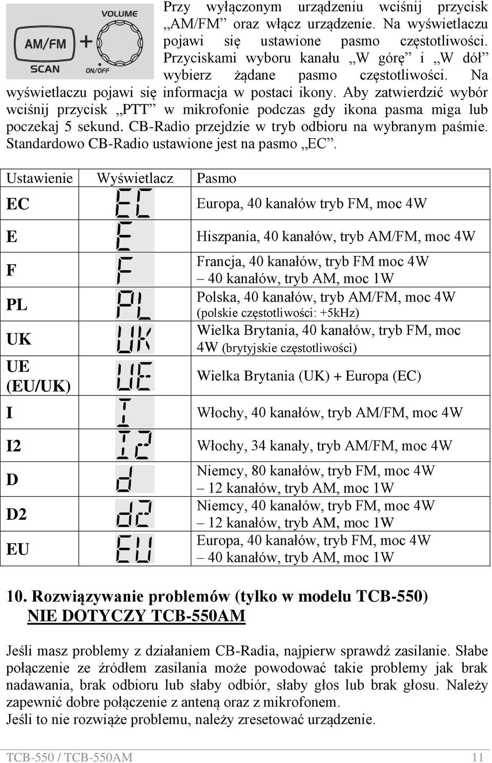 Aby zatwierdzić wybór wciśnij przycisk PTT w mikrofonie podczas gdy ikona pasma miga lub poczekaj 5 sekund. CB-Radio przejdzie w tryb odbioru na wybranym paśmie.