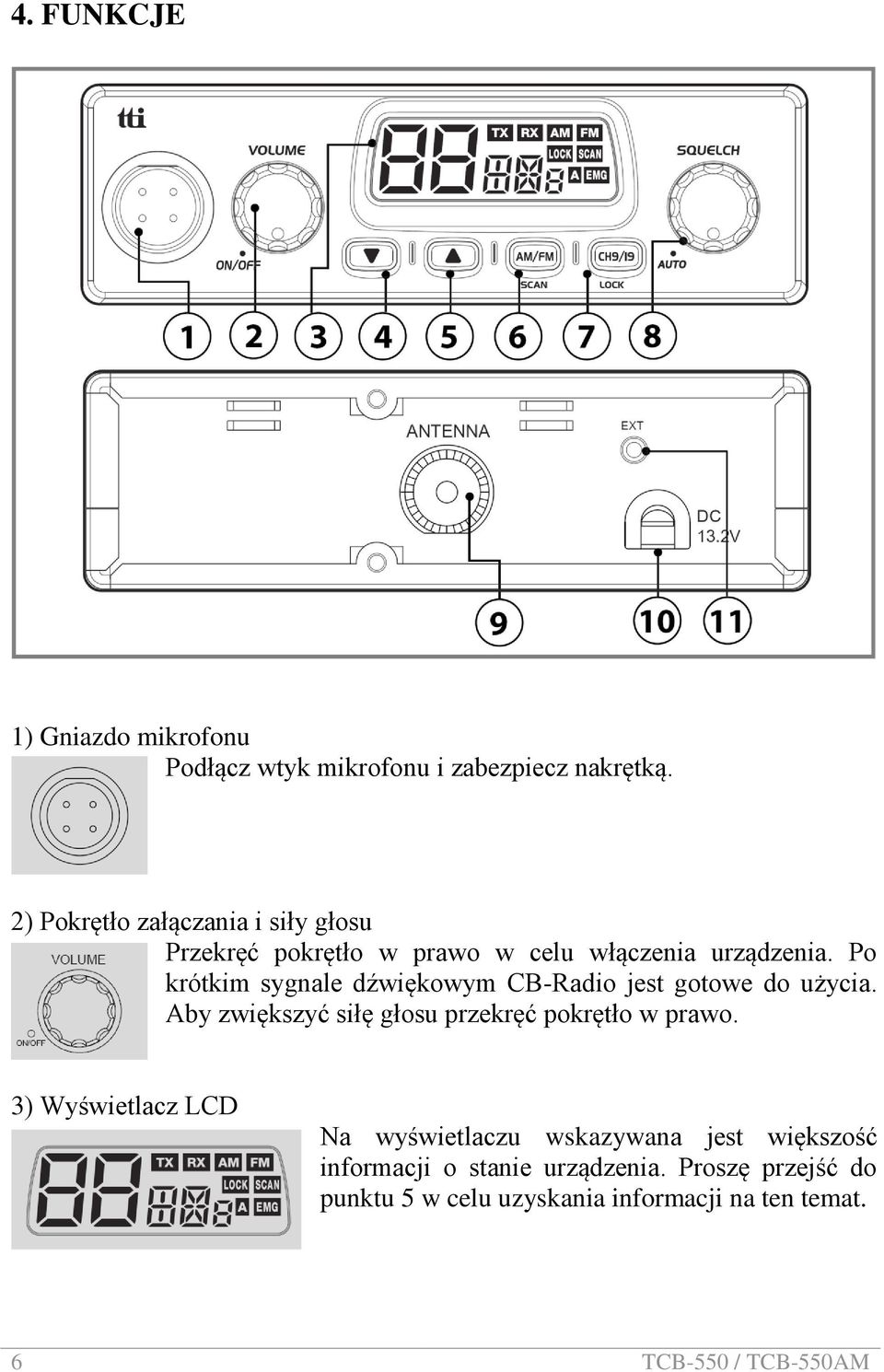 Po krótkim sygnale dźwiękowym CB-Radio jest gotowe do użycia. Aby zwiększyć siłę głosu przekręć pokrętło w prawo.