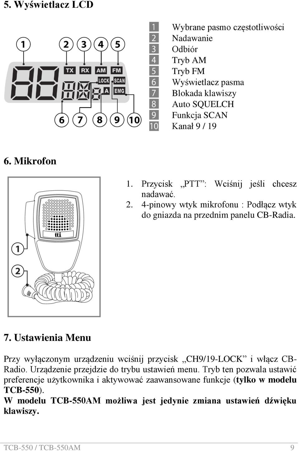 Ustawienia Menu Przy wyłączonym urządzeniu wciśnij przycisk CH9/19-LOCK i włącz CB- Radio. Urządzenie przejdzie do trybu ustawień menu.