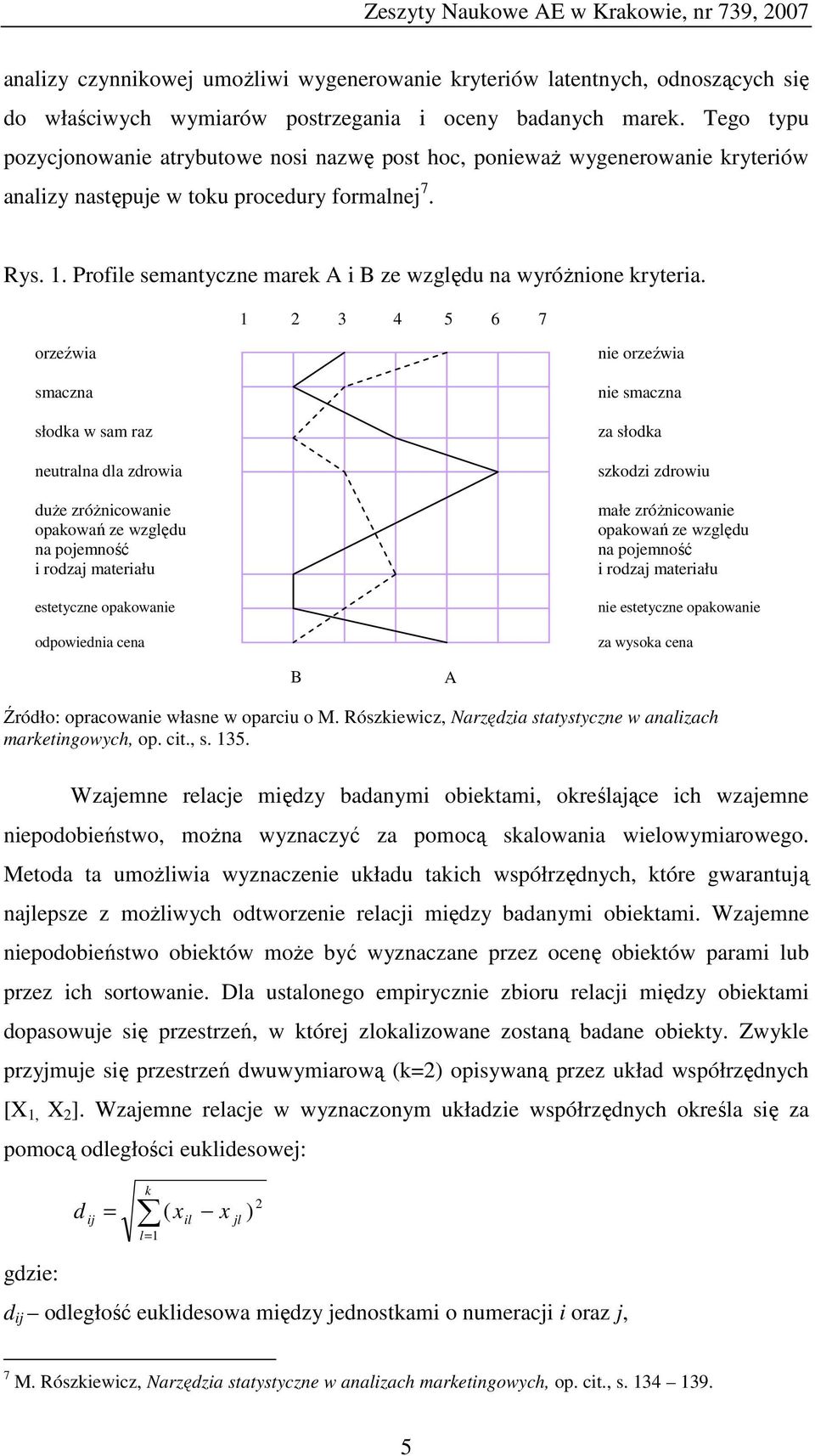 Profile semantyczne marek A i B ze względu na wyróżnione kryteria.