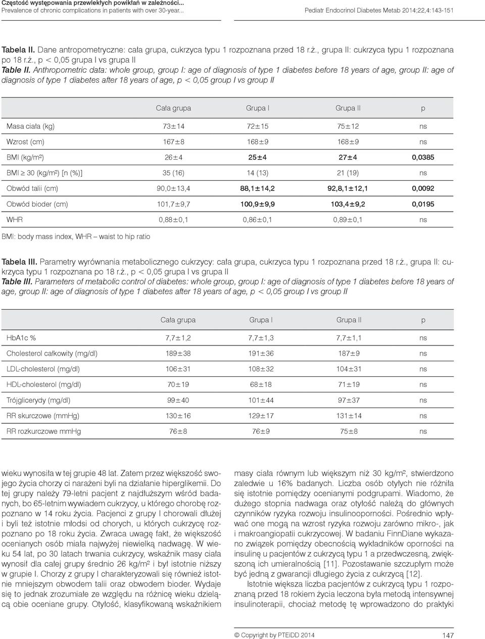 Anthropometric data: whole group, group I: age of diagnosis of type 1 diabetes before 18 years of age, group II: age of diagnosis of type 1 diabetes after 18 years of age, p < 0,05 group I vs group