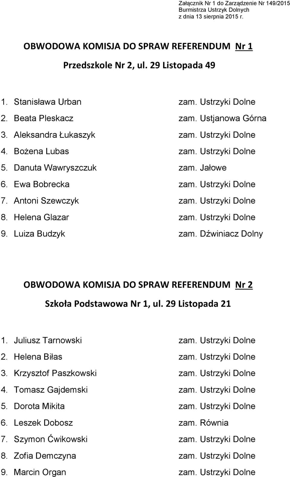 Ustrzyki Dolne 7. Antoni Szewczyk zam. Ustrzyki Dolne 8. Helena Glazar zam. Ustrzyki Dolne 9. Luiza Budzyk zam. Dźwiniacz Dolny OBWODOWA KOMISJA DO SPRAW REFERENDUM Nr 2 Szkoła Podstawowa Nr 1, ul.