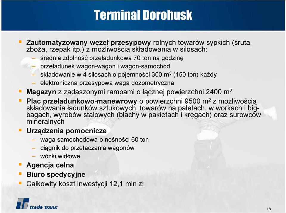 elektroniczna przesypowa waga dozometryczna Magazyn z zadaszonymi rampami o łącznej powierzchni 2400 m 2 Plac przeładunkowo-manewrowy o powierzchni 9500 m 2 z możliwością składowania ładunków