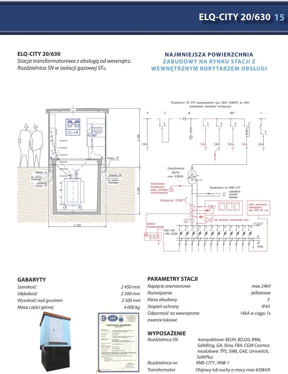 mm 2 500 mm 4 000 kg PARAMETRY STACJI max 24kV Rozwiązanie żelbetowe Klasa obudowy 5 Stopień ochrony IP43 Odporność na wewnętrzne 16kA w ciągu 1s zwarcie łukowe