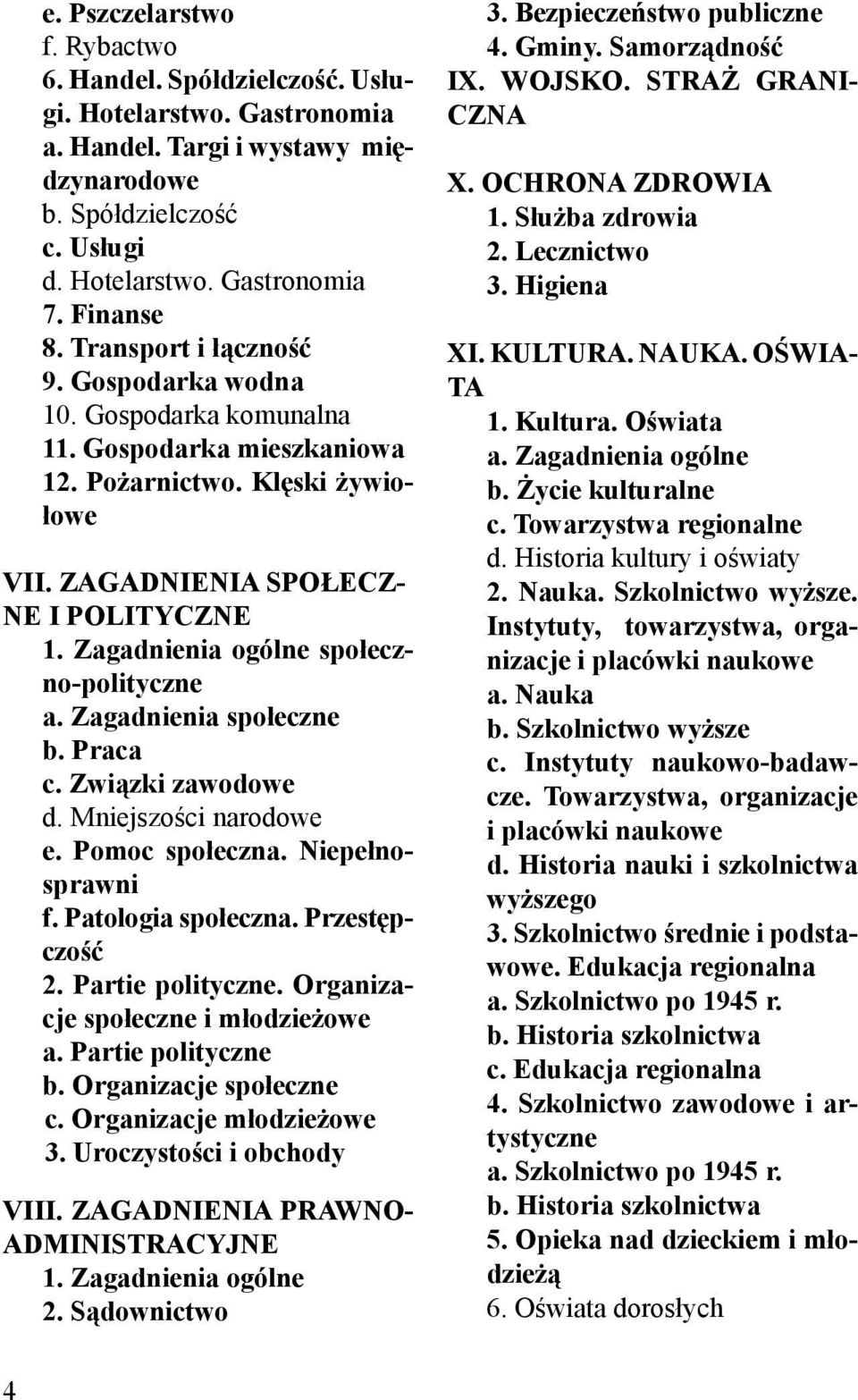 Zagadnienia ogólne społeczno-polityczne a. Zagadnienia społeczne b. Praca c. Związki zawodowe d. Mniejszości narodowe e. Pomoc społeczna. Niepełnosprawni f. Patologia społeczna. Przestępczość 2.