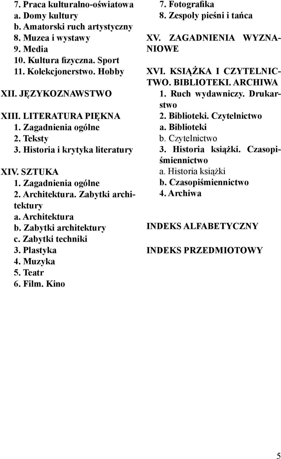 Zabytki techniki 3. Plastyka 4. Muzyka 5. Teatr 6. Film. Kino 7. Fotografika 8. Zespoły pieśni i tańca XV. ZAGADNIENIA WYZNA- NIOWE XVI. KSIĄŻKA I CZYTELNIC- TWO. BIBLIOTEKI. ARCHIWA 1.