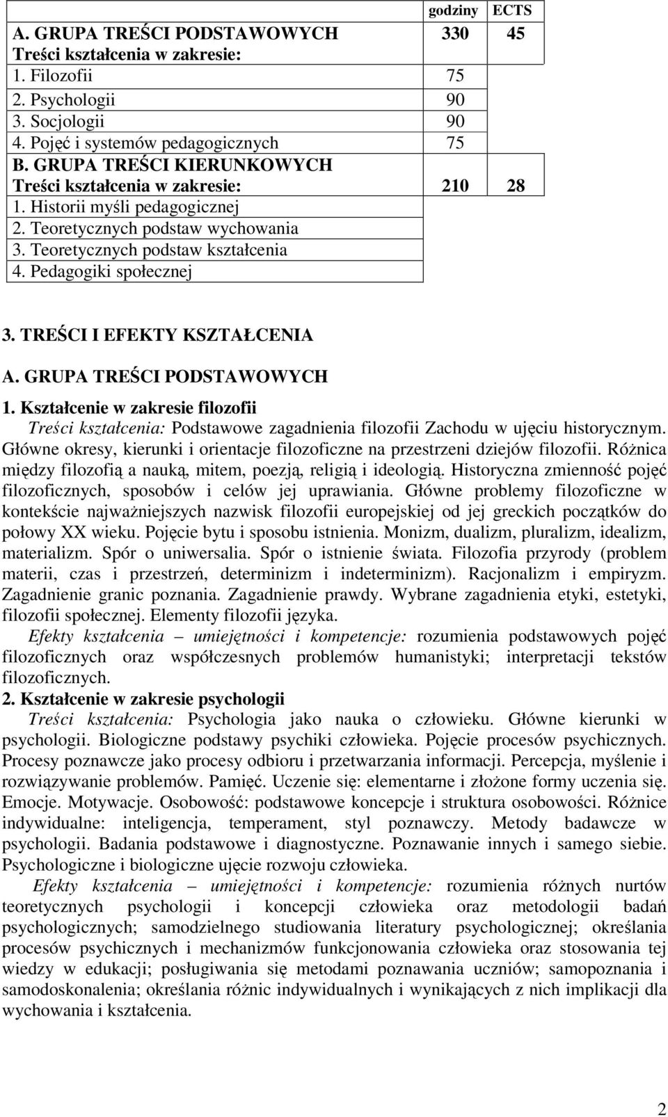 TRECI I EFEKTY KSZTAŁCENIA A. GRUPA TRECI PODSTAWOWYCH 1. Kształcenie w zakresie filozofii Treci kształcenia: Podstawowe zagadnienia filozofii Zachodu w ujciu historycznym.