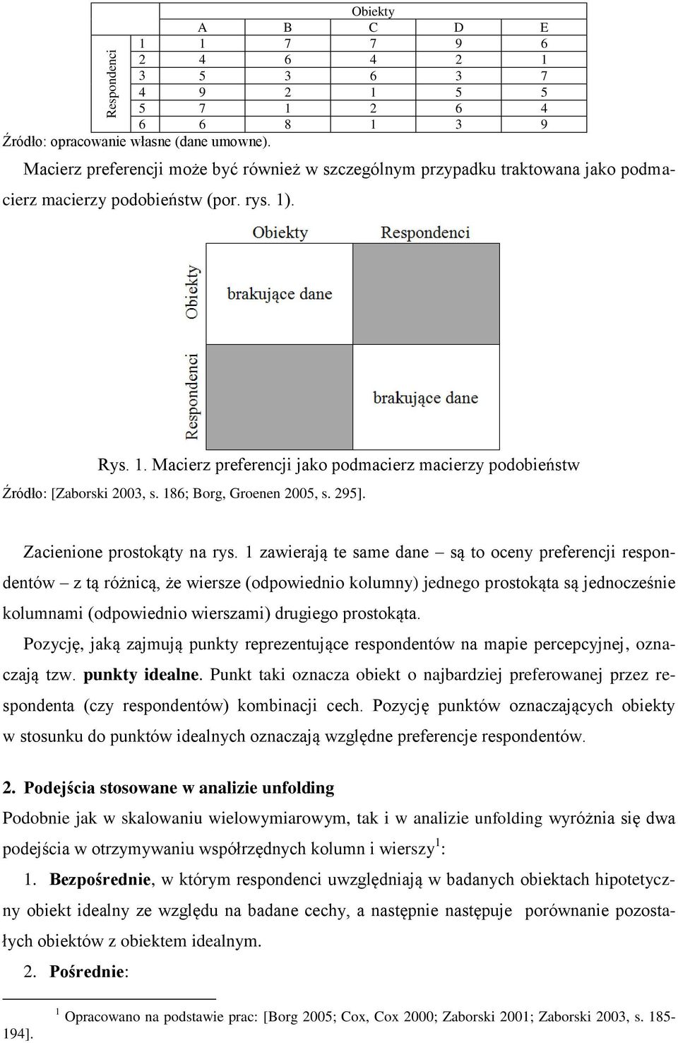 . Rys. 1. Macierz preferencji jako podmacierz macierzy podobieństw Źródło: [Zaborski 2003, s. 186; Borg, Groenen 2005, s. 295]. Zacienione prostokąty na rys.