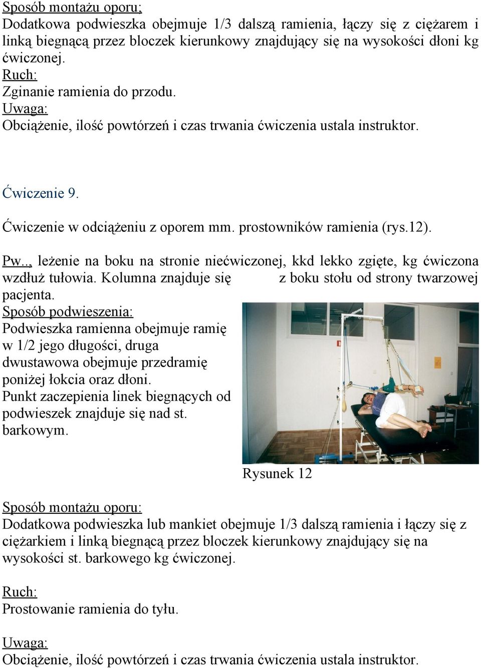 ., leżenie na boku na stronie niećwiczonej, kkd lekko zgięte, kg ćwiczona wzdłuż tułowia. Kolumna znajduje się z boku stołu od strony twarzowej pacjenta.