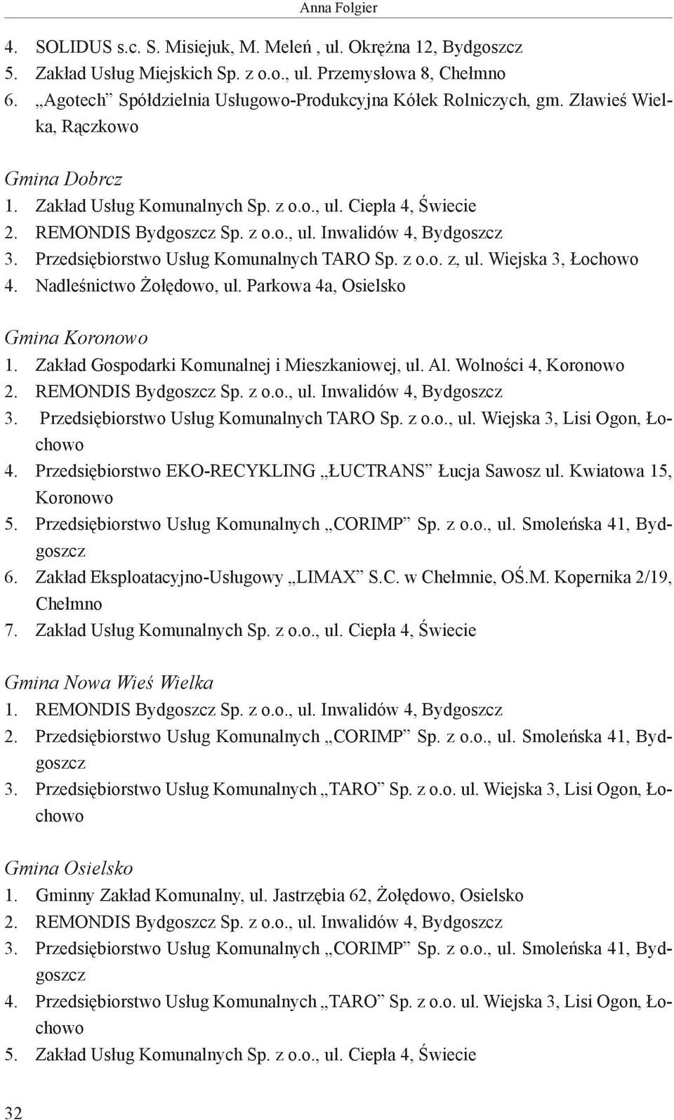 Przedsiębiorstwo Usług Komunalnych TARO Sp. z o.o. z, ul. Wiejska 3, Łochowo 4. Nadleśnictwo Żołędowo, ul. Parkowa 4a, Osielsko Gmina Koronowo 1. Zakład Gospodarki Komunalnej i Mieszkaniowej, ul. Al.