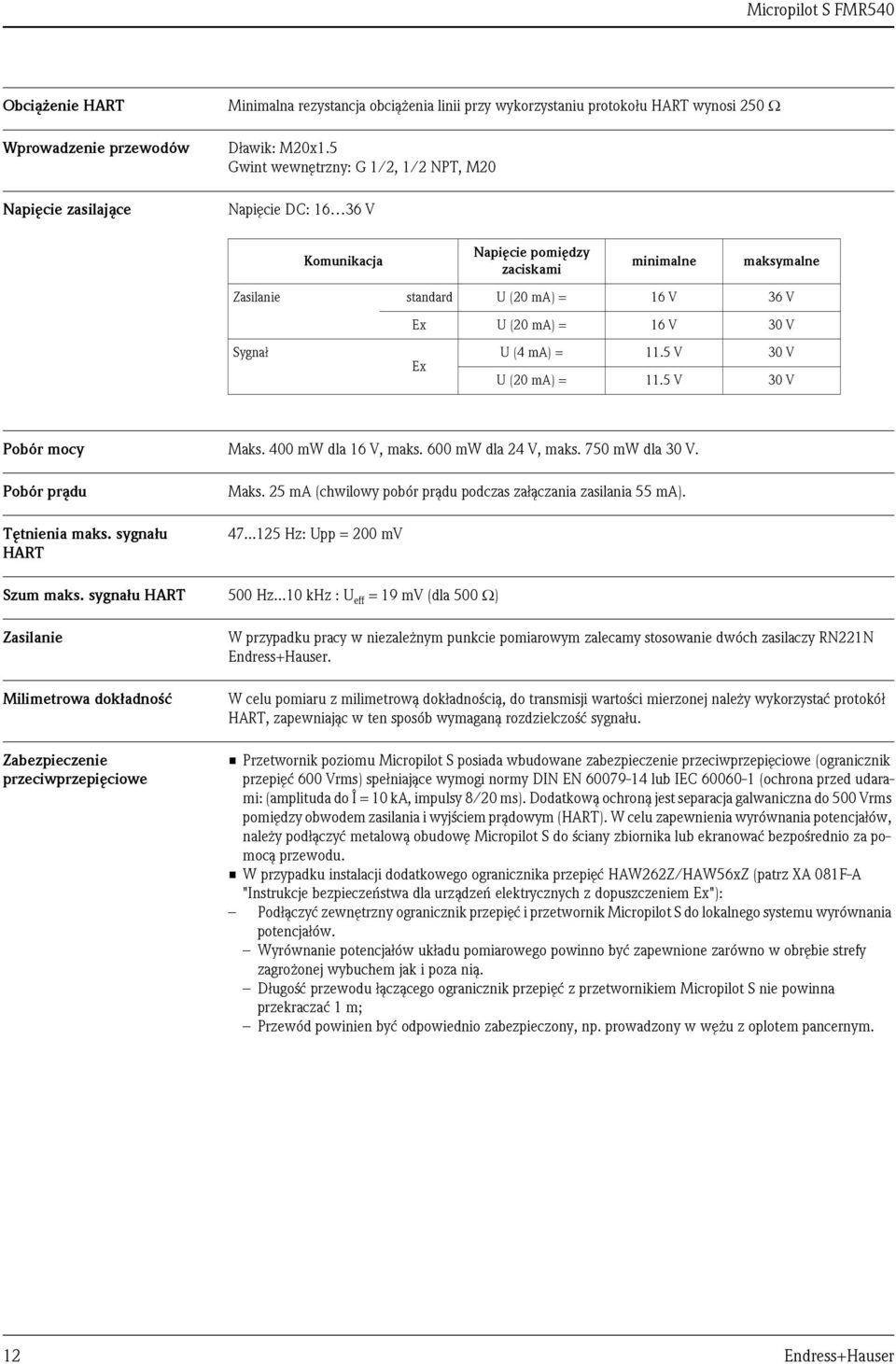 (4 ma) = 11.5 V 30 V U (20 ma) = 11.5 V 30 V Pobór mocy Maks. 400 mw dla 16 V, maks. 600 mw dla 24 V, maks. 750 mw dla 30 V. Pobór prądu Tętnienia maks. sygnału HART Maks.
