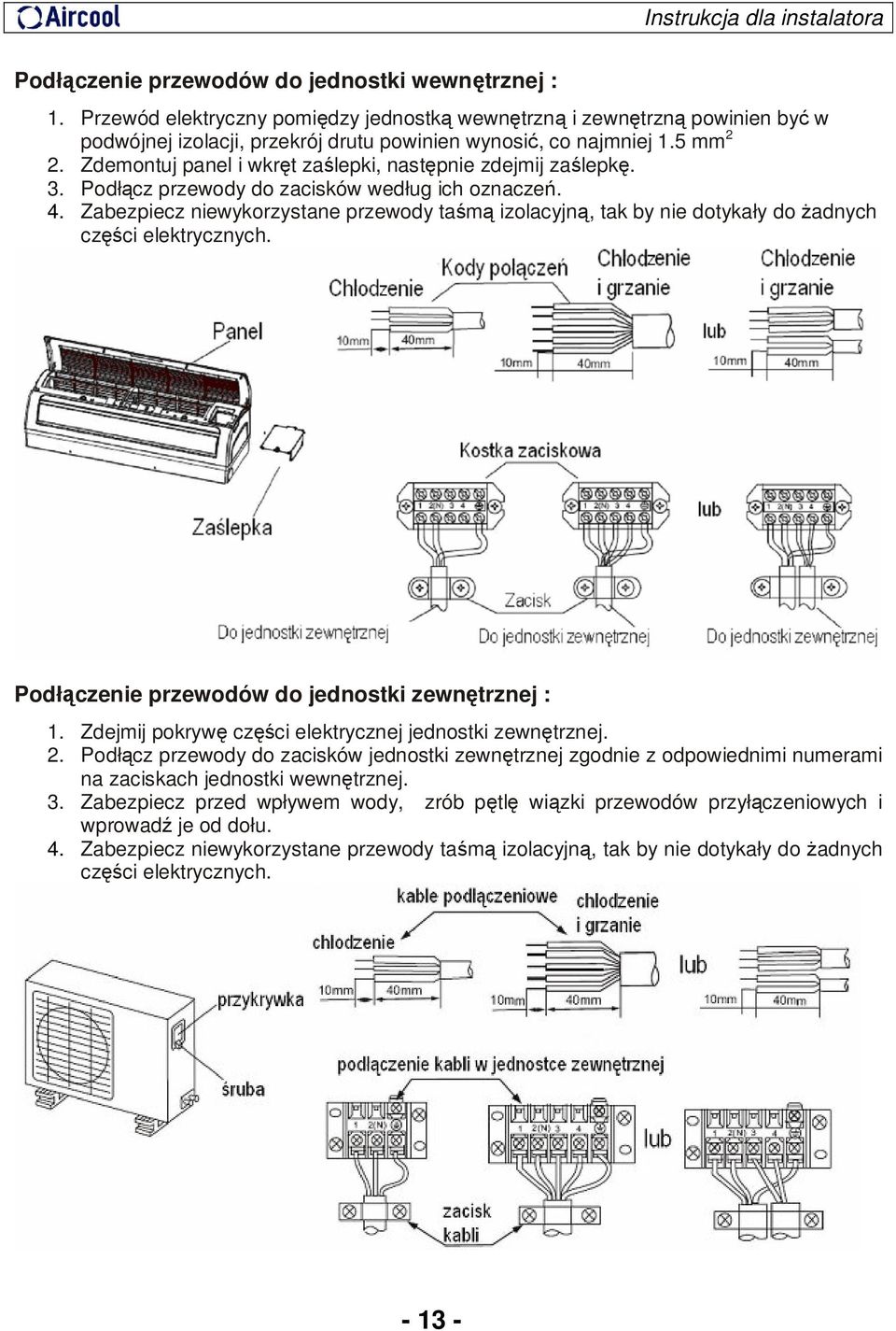 Zabezpiecz niewykorzystane przewody taśmą izolacyjną, tak by nie dotykały do żadnych części elektrycznych. Podłączenie przewodów do jednostki zewnętrznej : 1.