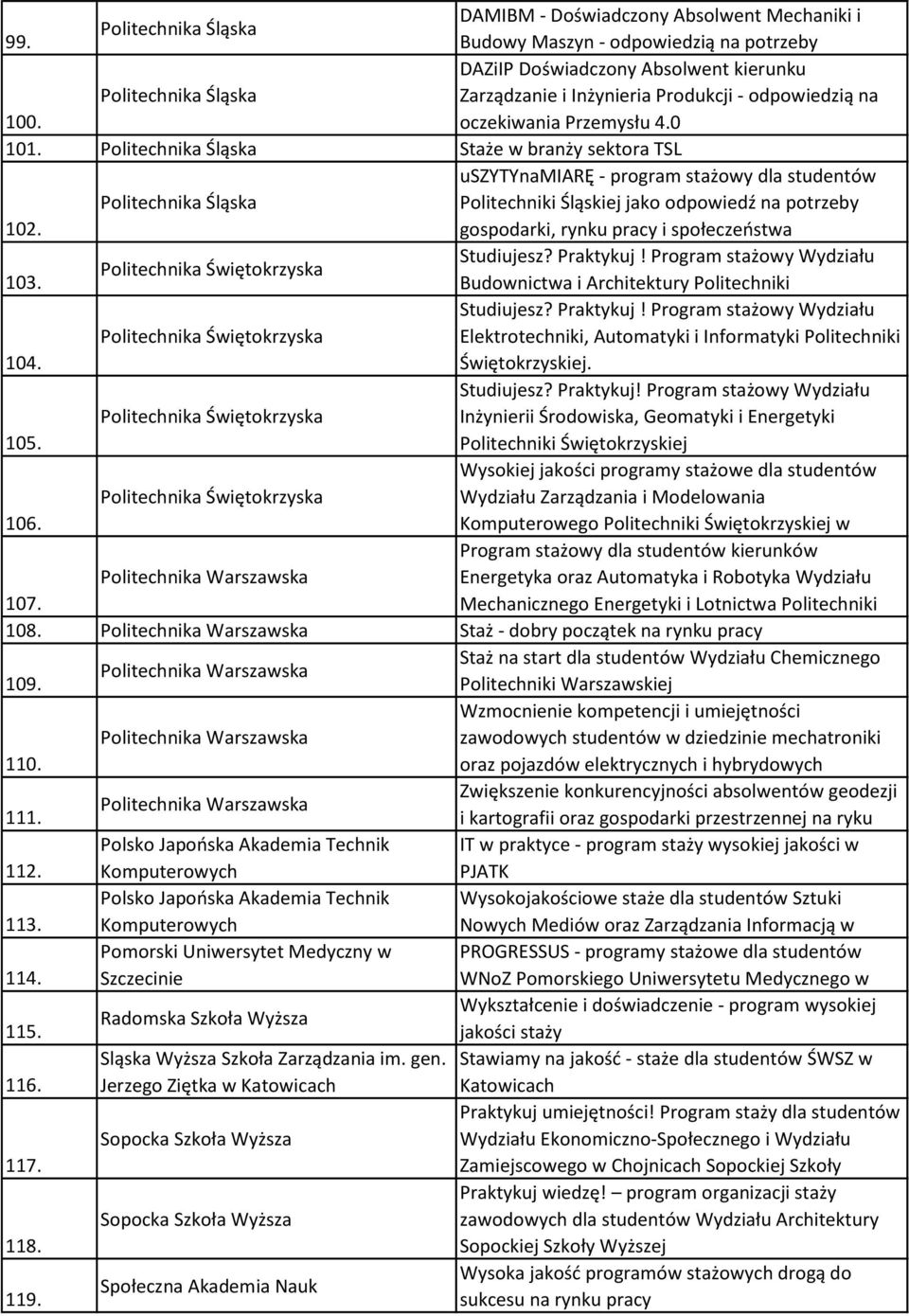 Politechnika Śląska Staże w branży sektora TSL 102.