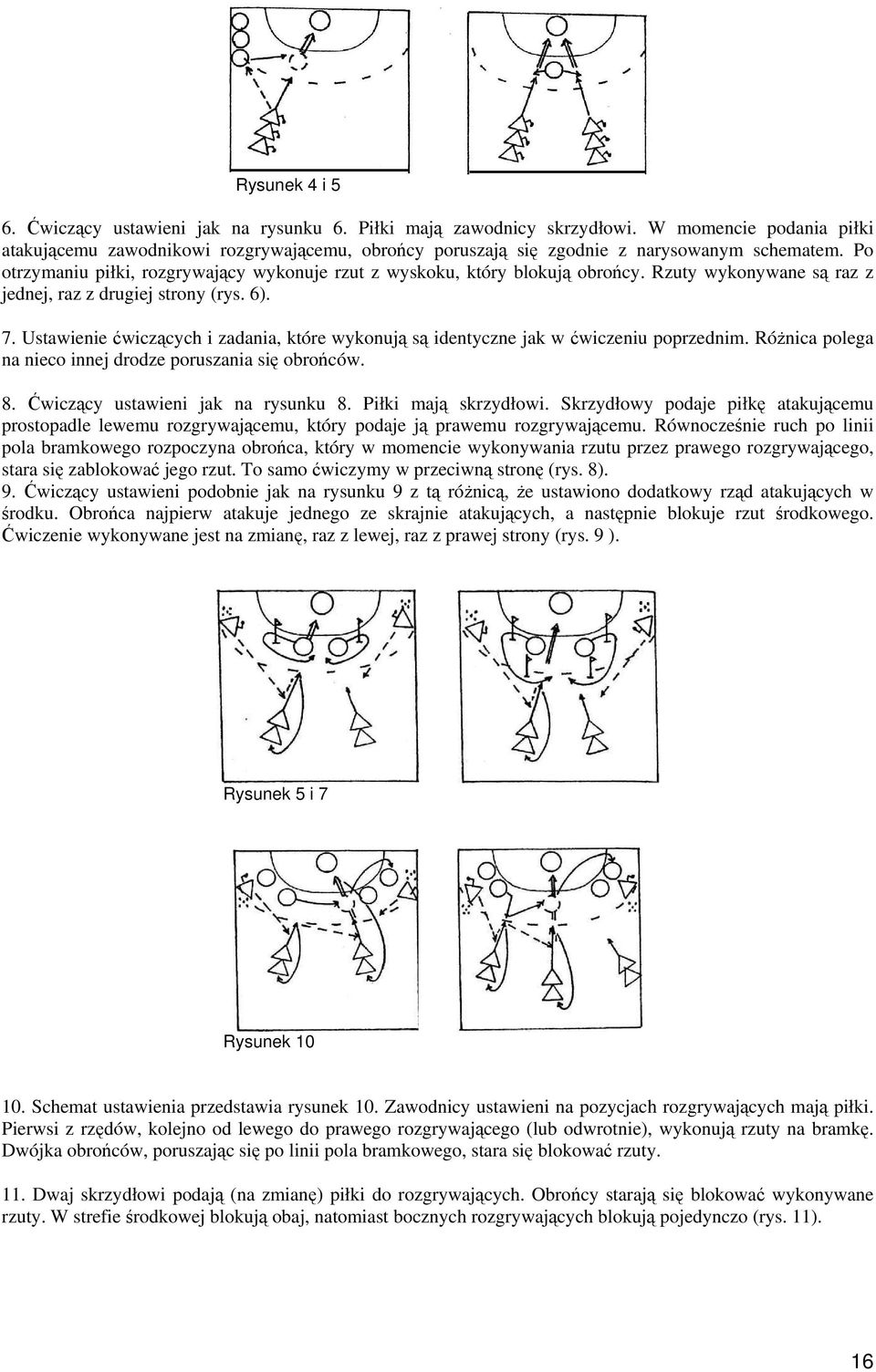 Po otrzymaniu piłki, rozgrywający wykonuje rzut z wyskoku, który blokują obrońcy. Rzuty wykonywane są raz z jednej, raz z drugiej strony (rys. 6). 7.