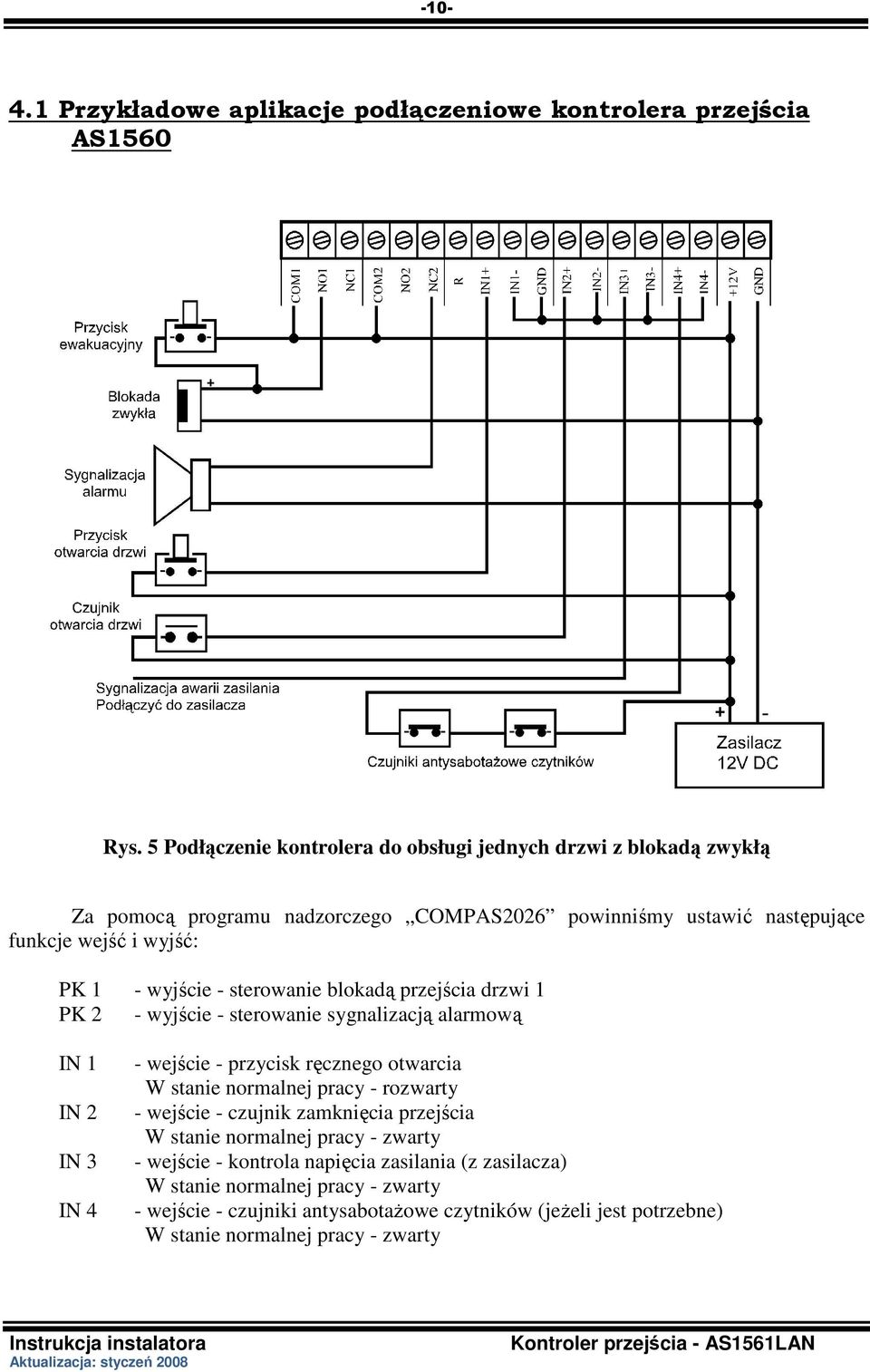 wejść i wyjść: PK 1 - wyjście - sterowanie blokadą przejścia drzwi 1 PK 2 - wyjście - sterowanie sygnalizacją alarmową IN 1 IN 2 IN 3 IN 4 - wejście -