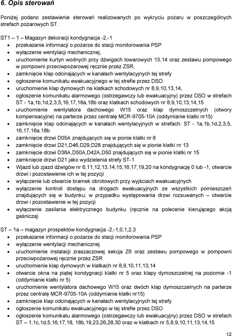 na klatkach schodowych nr 8,9,10,13,14, ST - 1a,1b,1d,2,3,5,16,17,18a,18b oraz klatkach schodowych nr 8,9,10,13,14,15 uruchomienie wentylatora dachowego W15 oraz klap dymoszczelnych (otwory