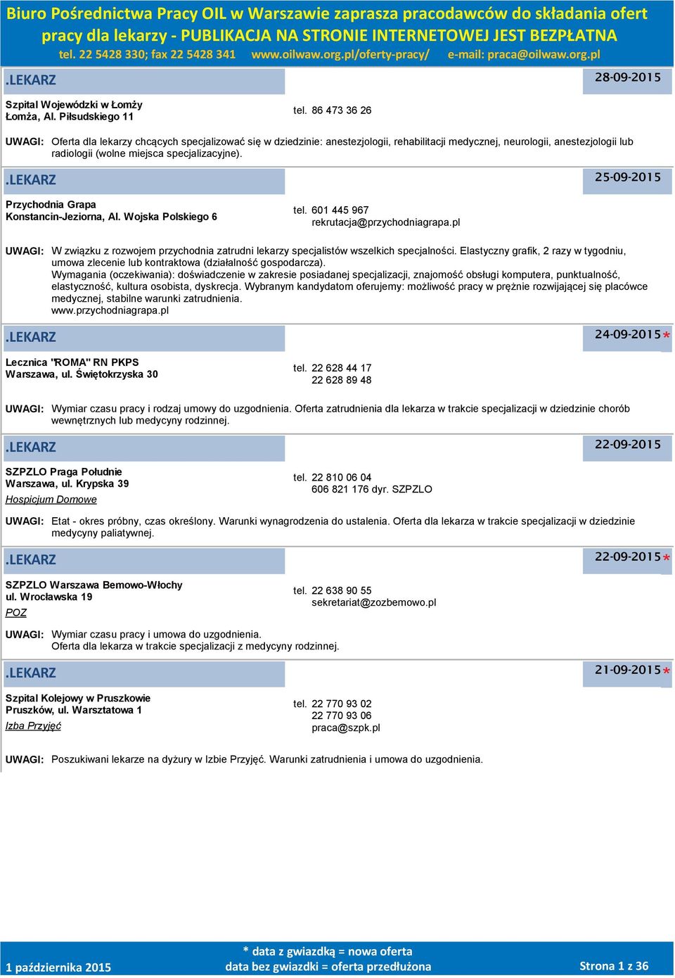 25-09-2015 Przychodnia Grapa Konstancin-Jeziorna, Al. Wojska Polskiego 6 tel. 601 445 967 rekrutacja@przychodniagrapa.