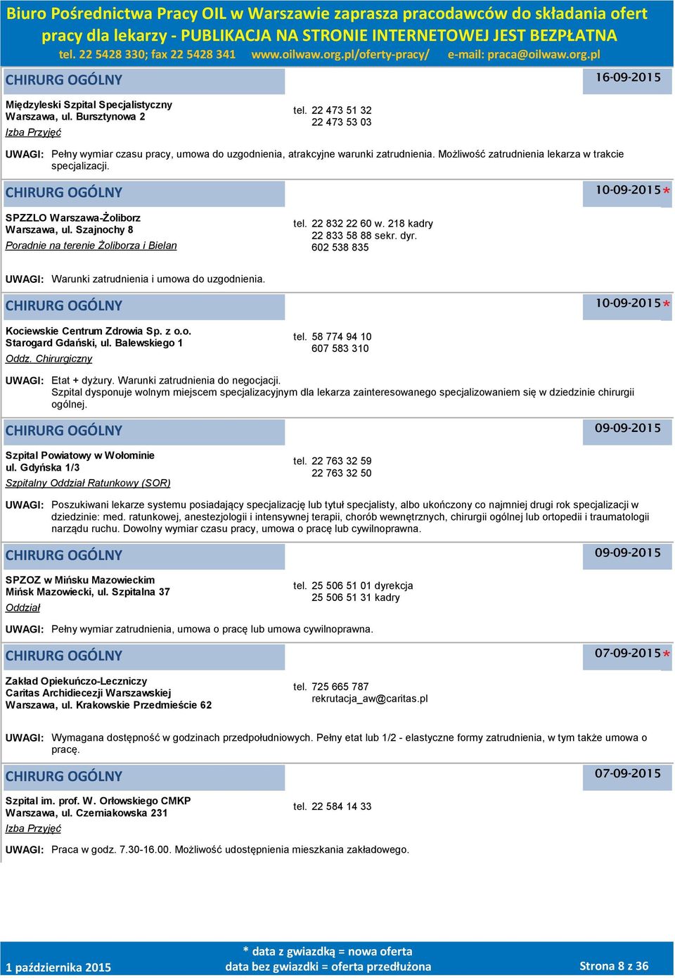 CHIRURG OGÓLNY SPZZLO Warszawa-Żoliborz Warszawa, ul. Szajnochy 8 Poradnie na terenie Żoliborza i Bielan tel. 22 832 22 60 w. 218 kadry 22 833 58 88 sekr. dyr.