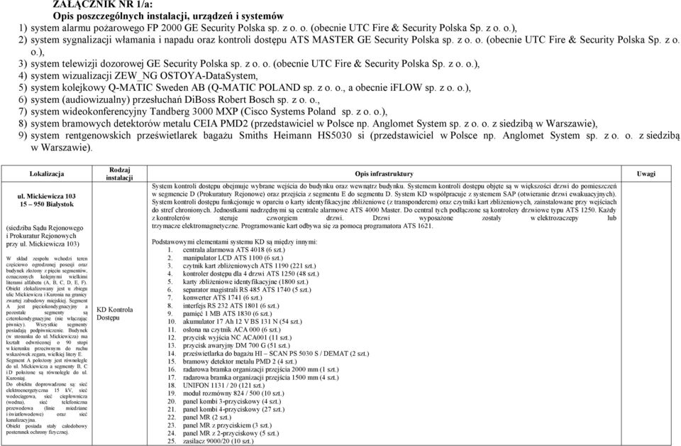 z o. o. (obecnie UTC Fire & Security Polska Sp. z o. o.), 4) system wizualizacji ZEW_NG OSTOYA-DataSystem, 5) system kolejkowy Q-MATIC Sweden AB (Q-MATIC POLAND sp. z o. o., a obecnie iflow sp. z o. o.), 6) system (audiowizualny) przesłuchań DiBoss Robert Bosch sp.