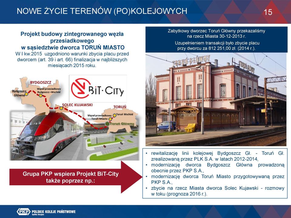 Uzupełnieniem transakcji było zbycie placu przy dworcu za 812 251,00 zł. (2014 r.). Grupa PKP wspiera Projekt BiT-City także poprzez np.: rewitalizację linii kolejowej Bydgoszcz Gł. - Toruń Gł.