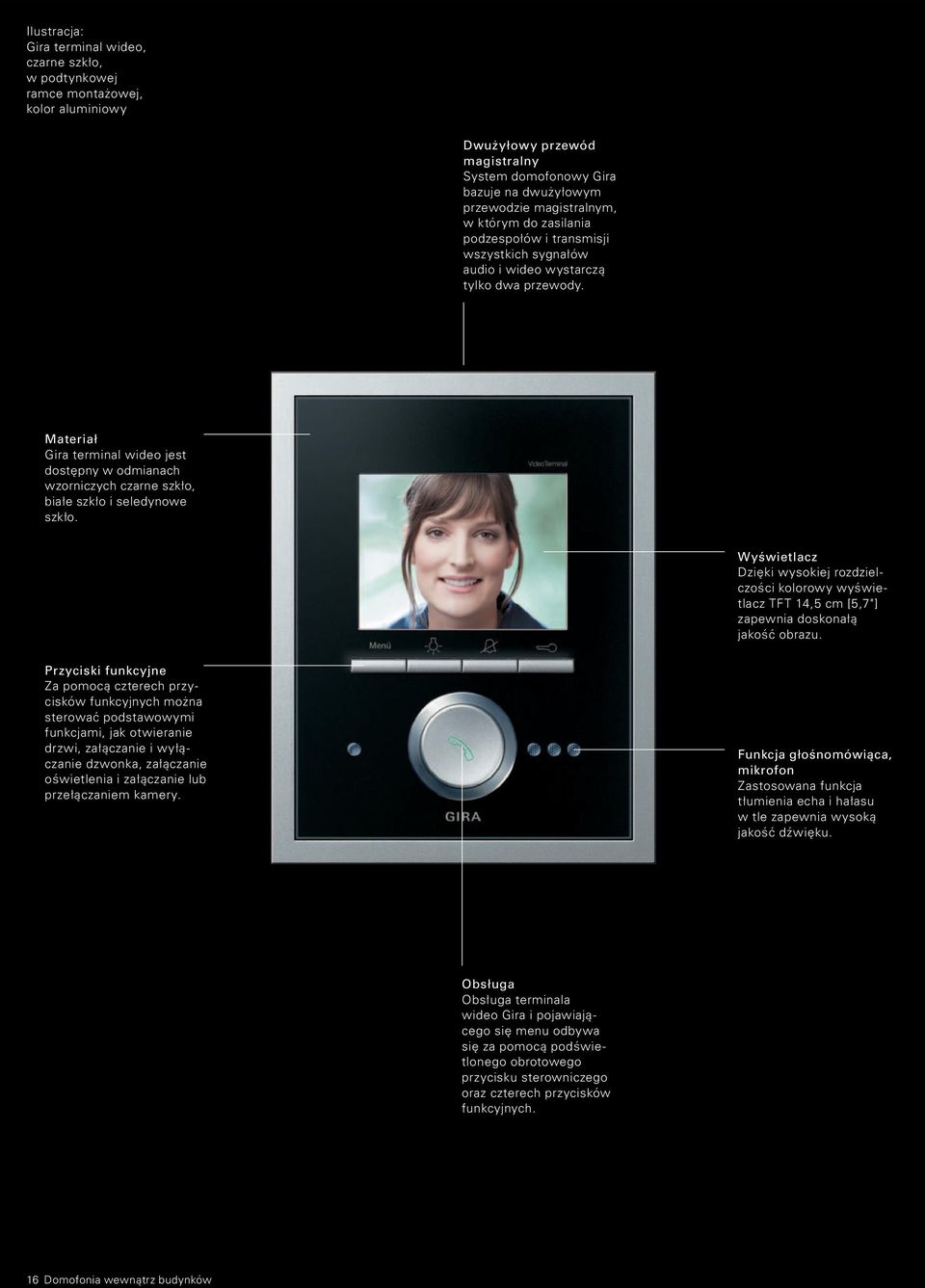 Materiał Gira terminal wideo jest dostępny w odmianach wzorniczych czarne szkło, białe szkło i seledynowe szkło.