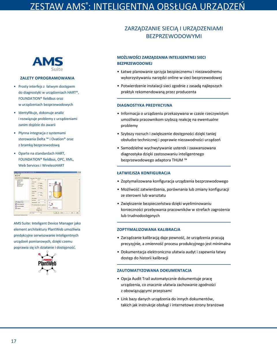 integracja z systemami sterowania Delta i Ovation oraz z bramką bezprzewodową Oparte na standardach HART, FOUNDATION fieldbus, OPC, XML, Web Services i WirelessHART AMS Suite: Inteligent Device