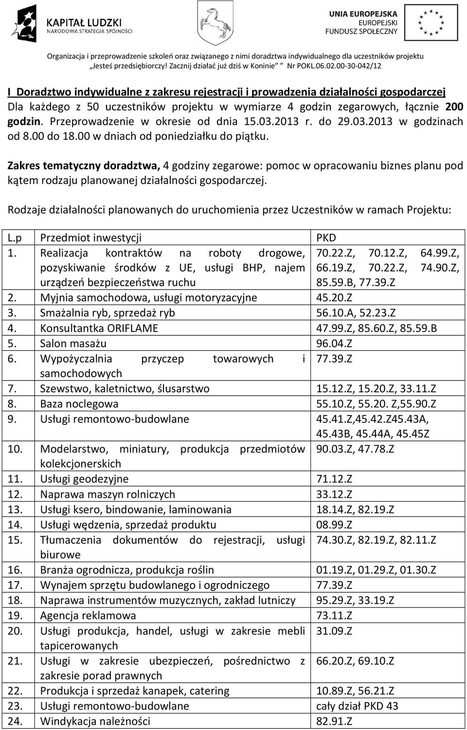 Zakres tematyczny doradztwa, 4 godziny zegarowe: pomoc w opracowaniu biznes planu pod kątem rodzaju planowanej działalności gospodarczej.