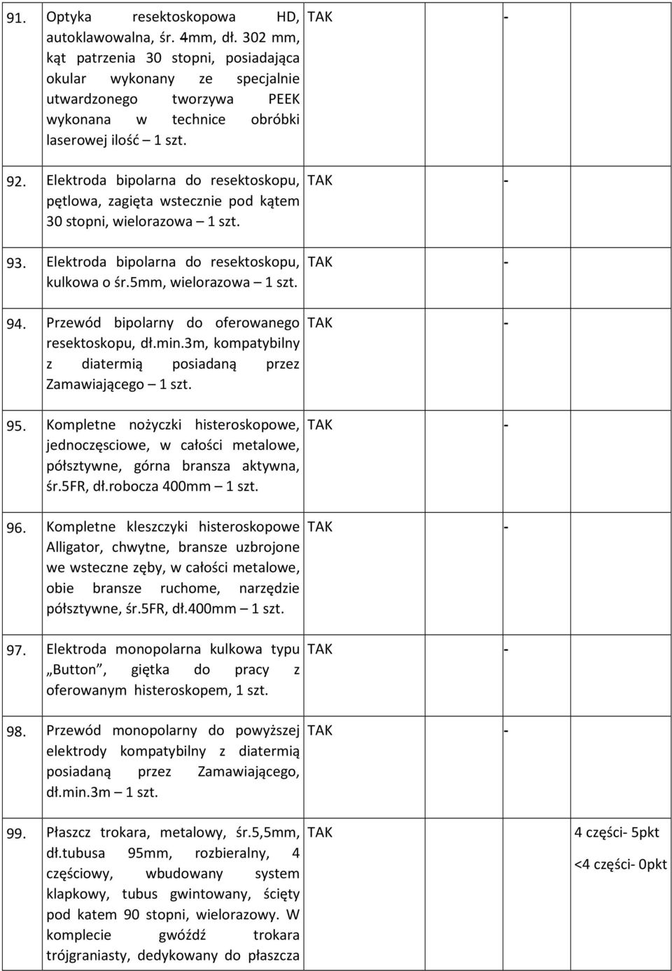 Elektroda bipolarna do resektoskopu, pętlowa, zagięta wstecznie pod kątem 30 stopni, wielorazowa 1 szt. - - 93. Elektroda bipolarna do resektoskopu, kulkowa o śr.5mm, wielorazowa 1 szt. - 94.