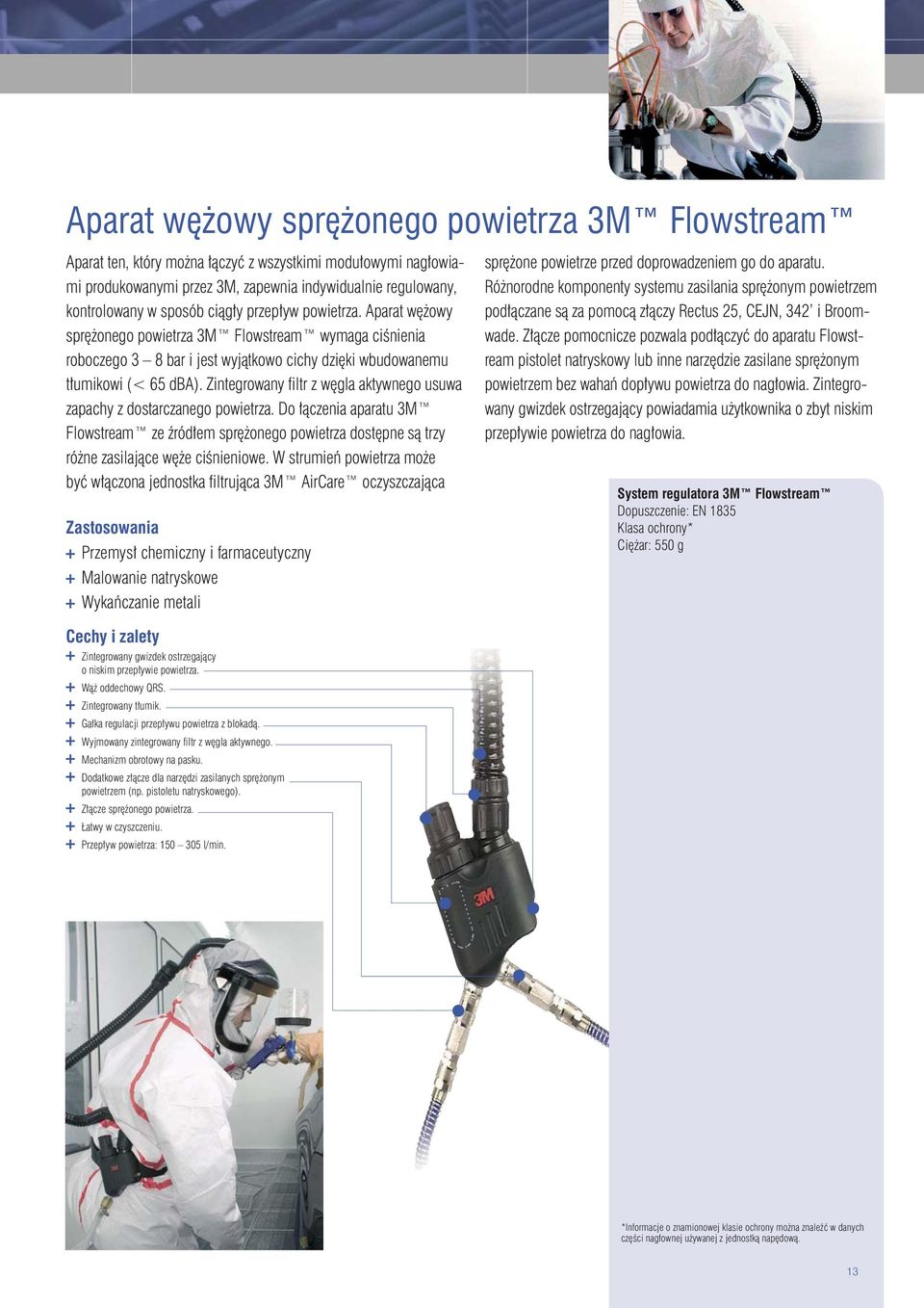 Zintegrowany filtr z węgla aktywnego usuwa zapachy z dostarczanego powietrza. Do łączenia aparatu 3M Flowstream ze źródłem sprężonego powietrza dostępne są trzy różne zasilające węże ciśnieniowe.