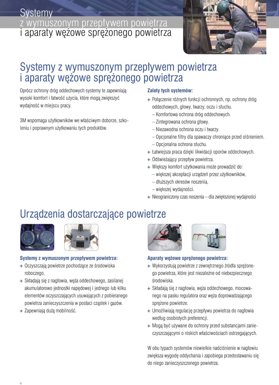 Zalety tych systemów: Połączenie różnych funkcji ochronnych, np. ochrony dróg oddechowych, głowy, twarzy, oczu i słuchu. Komfortowa ochrona dróg oddechowych. Zintegrowana ochrona głowy.