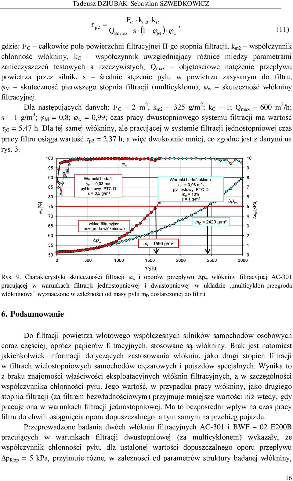 powietrzu zasysanym do filtru, φ M skuteczność pierwszego stopnia filtracji (multicyklonu), φ w skuteczność włókniny filtracyjnej.