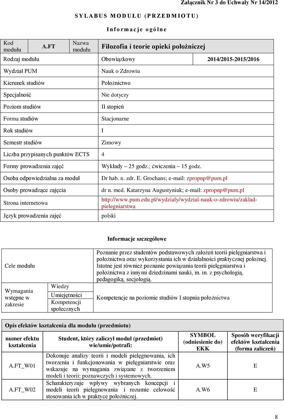 2014/2015-2015/2016 Wydział PUM Kierunek studiów Specjalność Poziom studiów Forma studiów Rok studiów Semestr studiów Nauk o Zdrowiu Położnictwo Nie dotyczy II stopień Stacjonarne I Zimowy Liczba