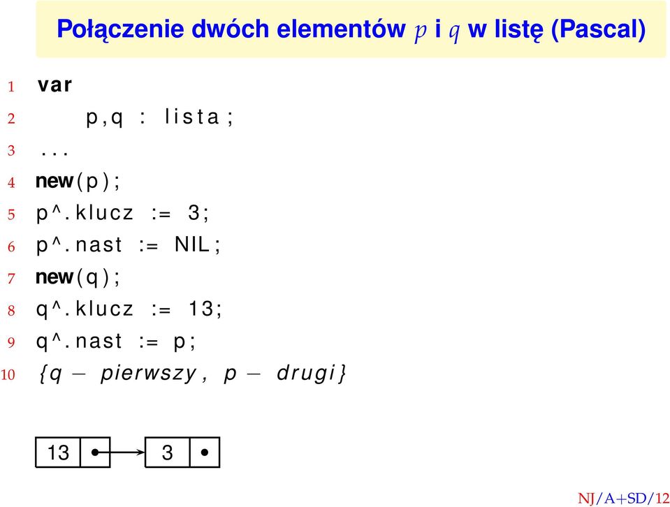 klucz := 3; 6 p ^. nast := NIL ; 7 new( q ) ; 8 q ^.