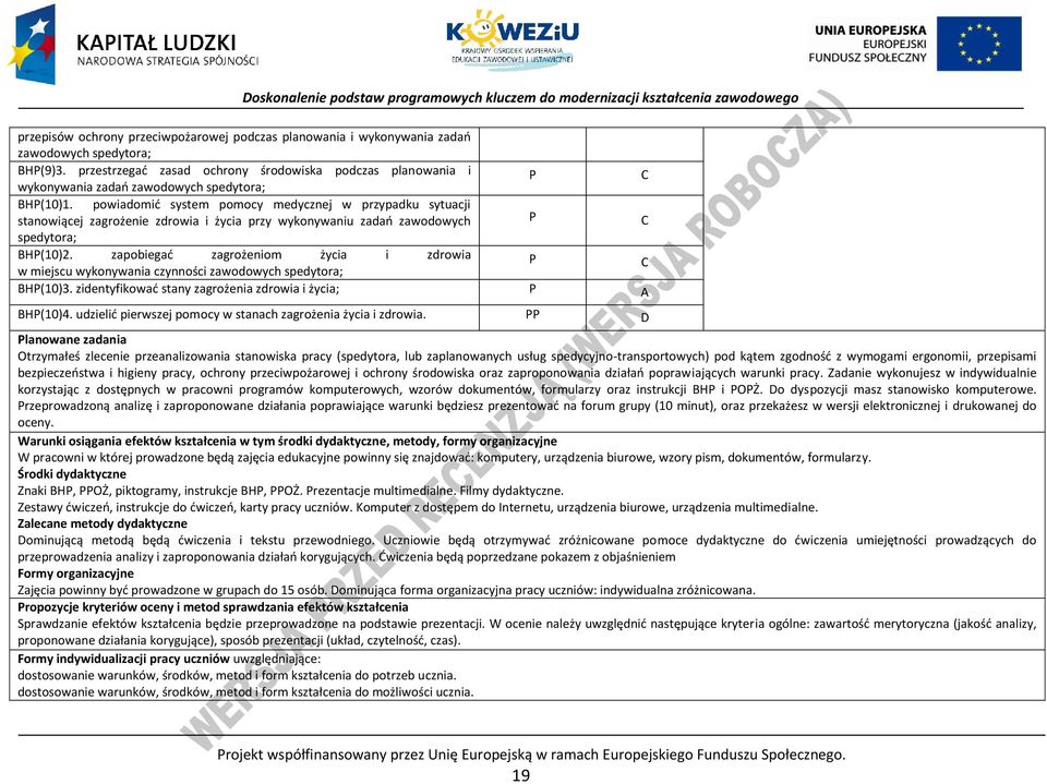 powiadomić system pomocy medycznej w przypadku sytuacji stanowiącej zagrożenie zdrowia i życia przy wykonywaniu zadań zawodowych spedytora; BH(10)2.