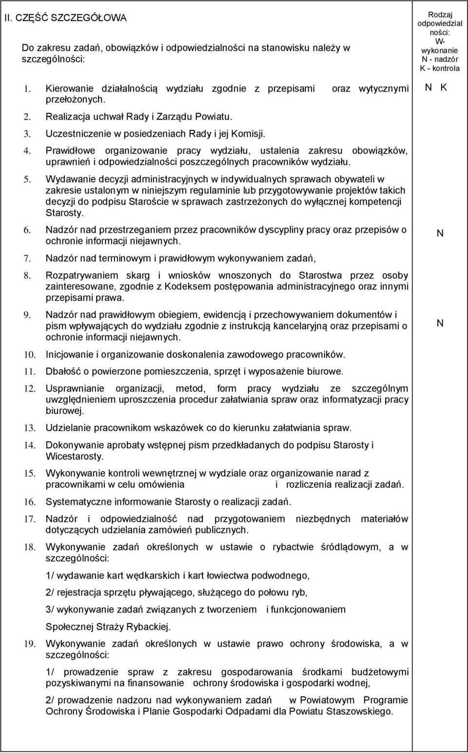 Prawidłowe organizowanie pracy wydziału, ustalenia zakresu obowiązków, uprawnień i odpowiedzialności poszczególnych pracowników wydziału. 5.