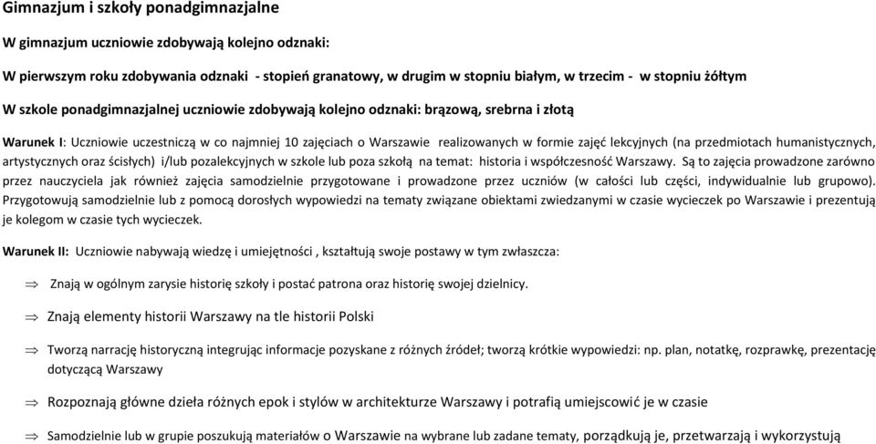 (na przedmiotach humanistycznych, artystycznych oraz ścisłych) i/lub pozalekcyjnych w szkole lub poza szkołą na temat: historia i współczesność Warszawy.