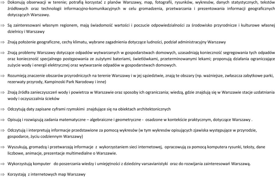 Są zainteresowani własnym regionem, mają świadomość wartości i poczucie odpowiedzialności za środowisko przyrodnicze i kulturowe własnej dzielnicy i Warszawy Znają położenie geograficzne, cechy