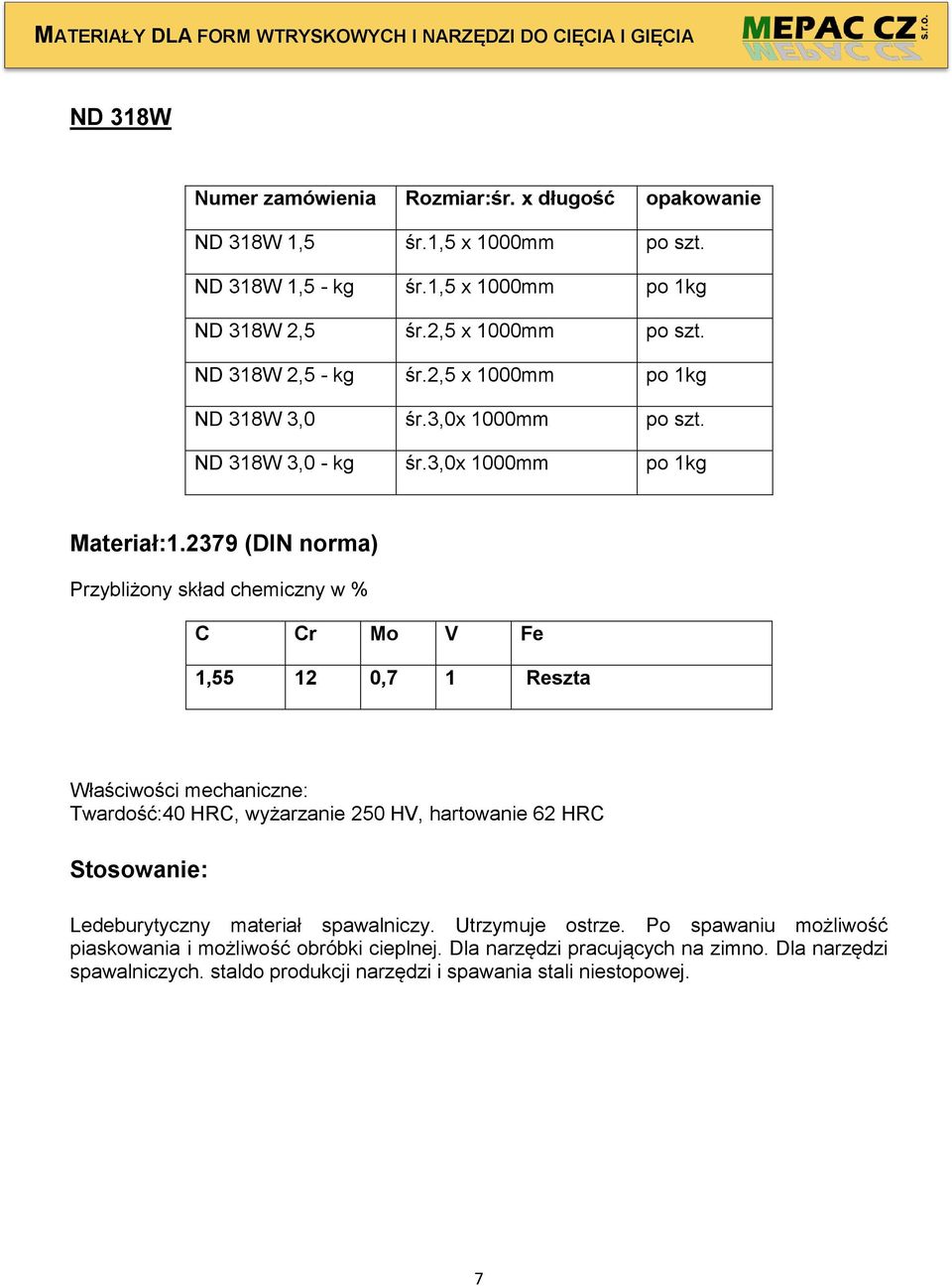 2379 (DIN norma) C Cr Mo V Fe 1,55 12 0,7 1 Reszta Właściwości mechaniczne: Twardość:40 HRC, wyżarzanie 250 HV, hartowanie 62 HRC Ledeburytyczny materiał spawalniczy.