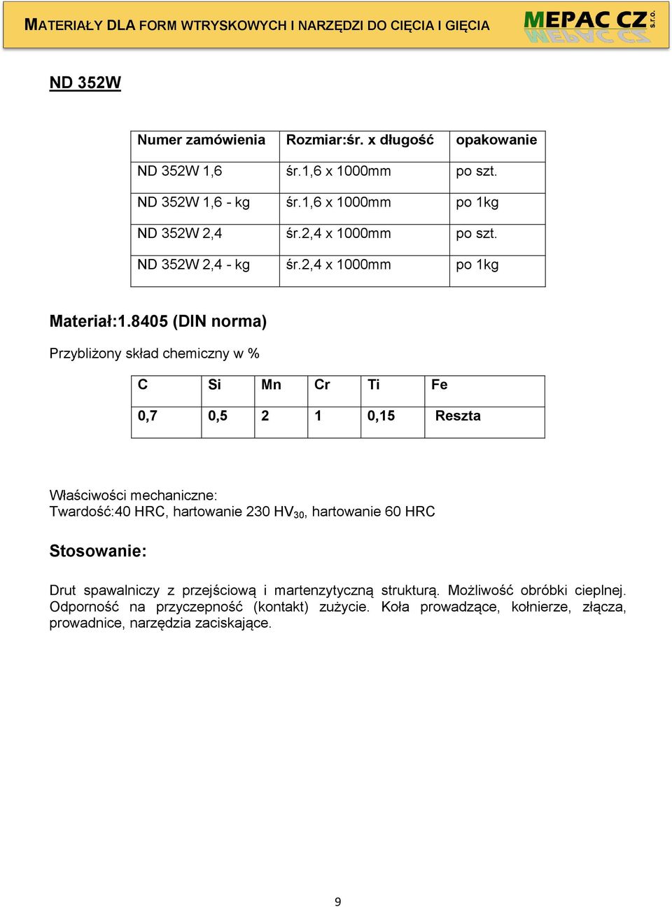 8405 (DIN norma) C Si Mn Cr Ti Fe 0,7 0,5 2 1 0,15 Reszta Właściwości mechaniczne: Twardość:40 HRC, hartowanie 230 HV 30, hartowanie 60 HRC