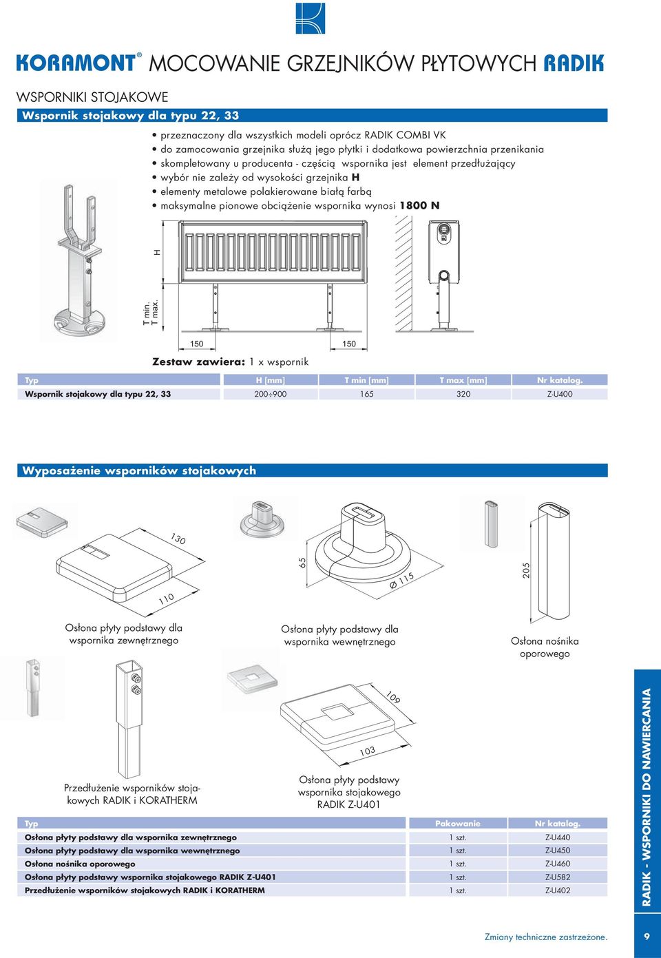 maksymalne pionowe obciążenie wspornika wynosi 1800 N Wyposażenie wsporników stojakowych 130 110 65 65 Ø 115 205 T min. T max. H 150 Zestaw zawiera: 1 x wspornik 150 Typ H T min T max Nr katalog.