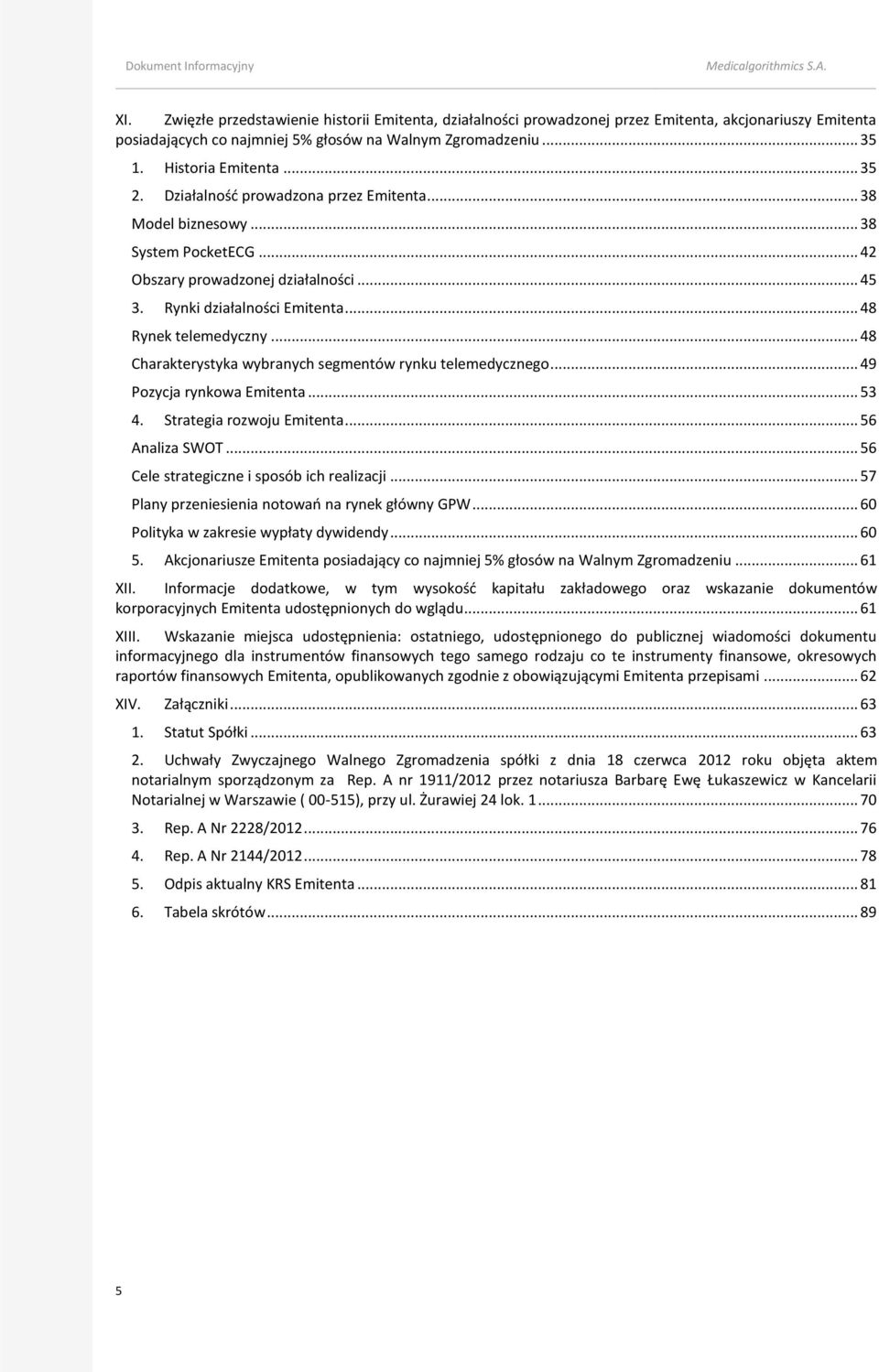 .. 48 Charakterystyka wybranych segmentów rynku telemedycznego... 49 Pozycja rynkowa Emitenta... 53 4. Strategia rozwoju Emitenta... 56 Analiza SWOT... 56 Cele strategiczne i sposób ich realizacji.