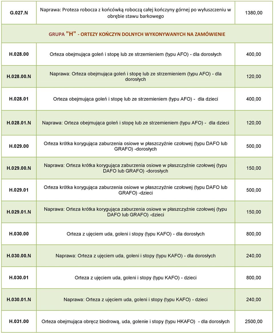 028.01 Orteza obejmująca goleń i stopę lub ze strzemieniem (typu AFO) - dla dzieci 400,00 H.028.01.N Naprawa: Orteza obejmująca goleń i stopę lub ze strzemieniem (typu AFO) - dla dzieci 120,00 H.029.