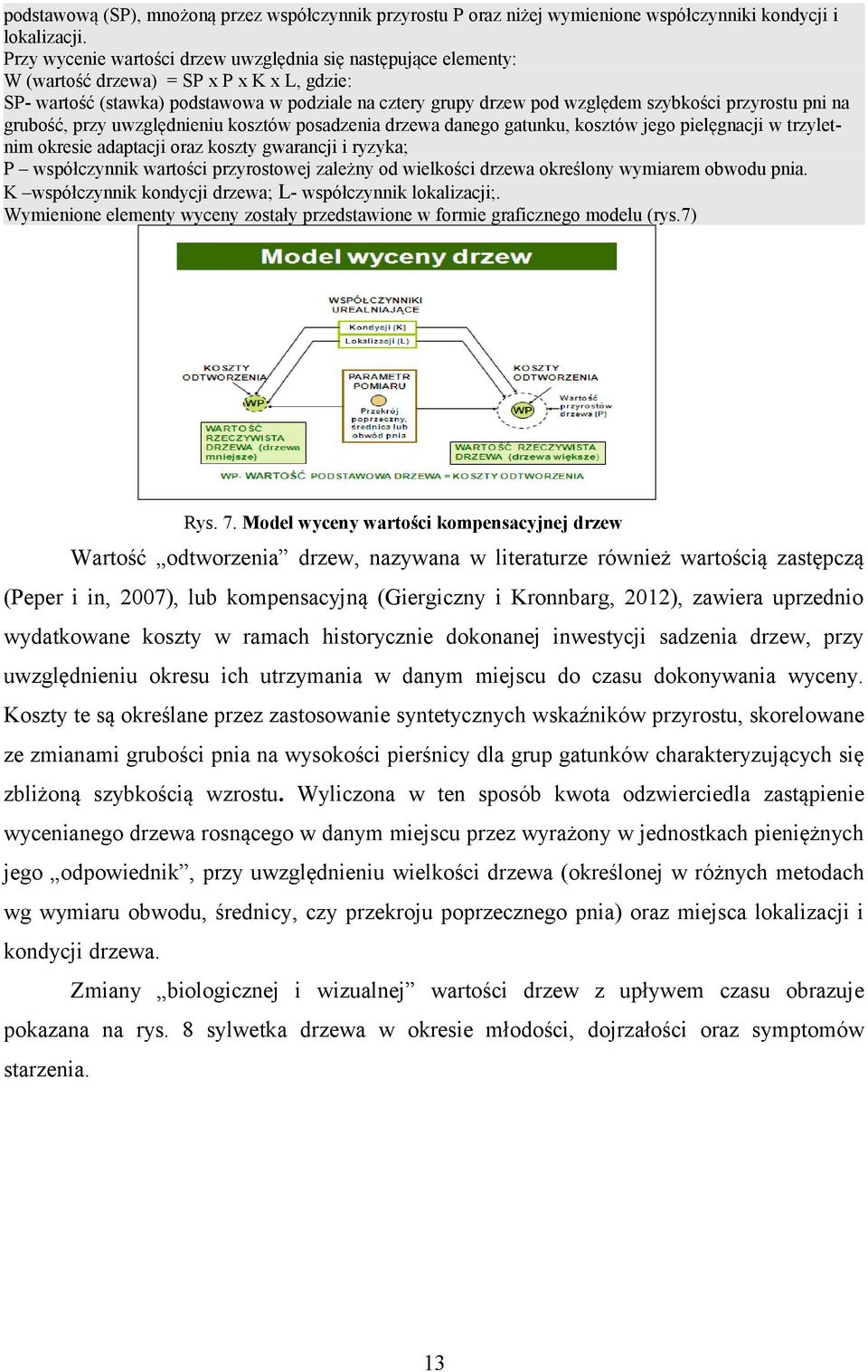 przyrostu pni na grubość, przy uwzględnieniu kosztów posadzenia drzewa danego gatunku, kosztów jego pielęgnacji w trzyletnim okresie adaptacji oraz koszty gwarancji i ryzyka; P współczynnik wartości