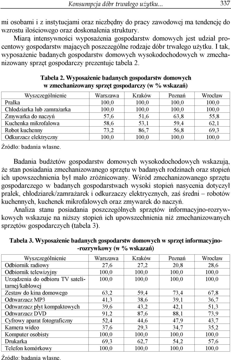 I tak, wyposażenie badanych gospodarstw domowych wysokodochodowych w zmechanizowany sprzęt gospodarczy prezentuje tabela 2. Tabela 2.